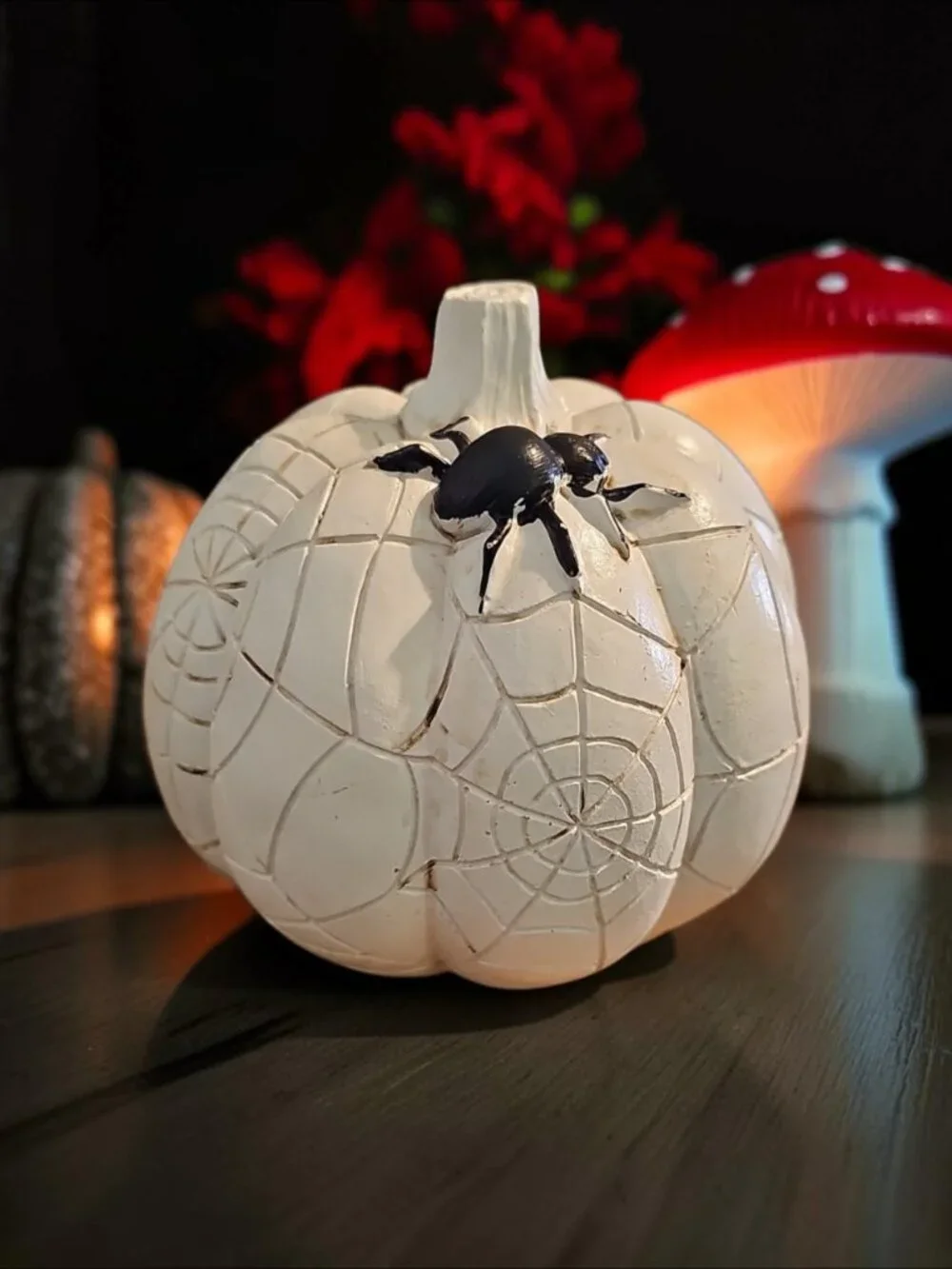 Spooky Pumpkin Décor – White Pumpkin with Spider & Web Carvings – Halloween